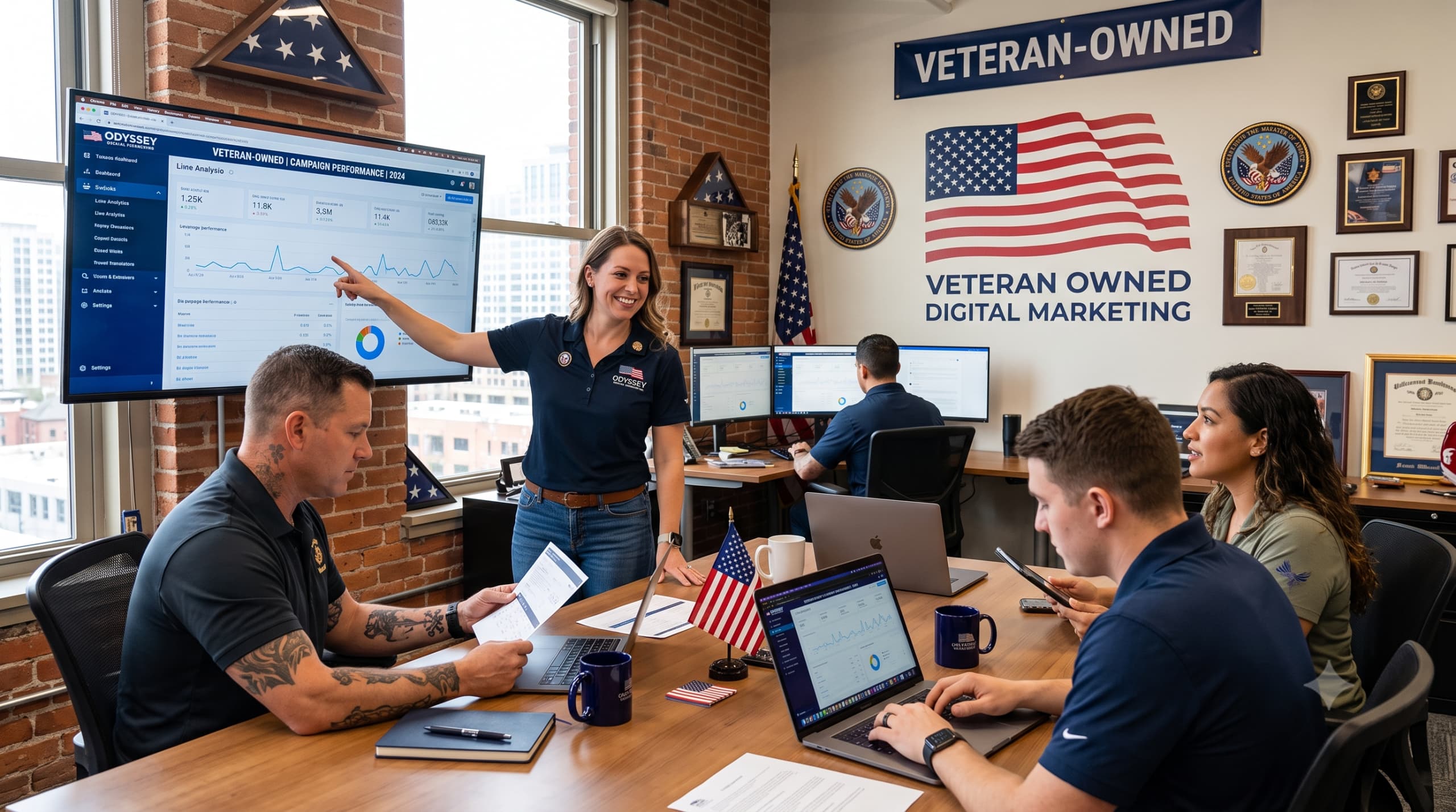 Veteran-owned marketing team reviewing campaign performance